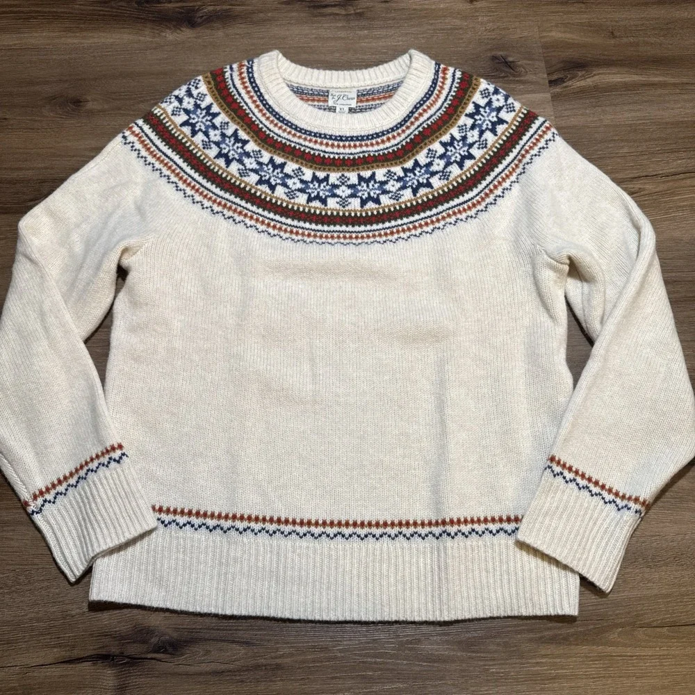J Crew Sweater Men's XL Beige 100% Lambswool Fair Isle Yoked Crewneck Pullover - Picture 1 of 13